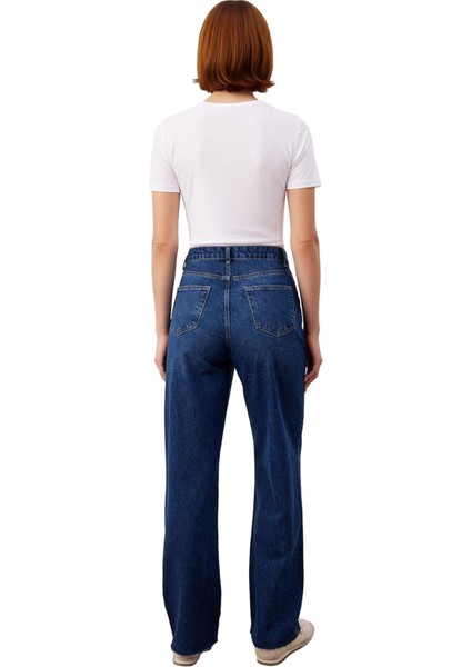 Kadın Koyu Yüksek Bel Geniş Paça Denim Pantolon Fonksiyonel Dayanıklı Kaliteli Konforlu Şık indirimleri