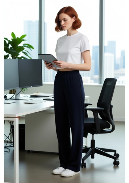 Kadın Yüksek Bel Esnek Kesim Geniş Paça Pantolon Fonksiyonel Dayanıklı Kaliteli Konforlu Şık