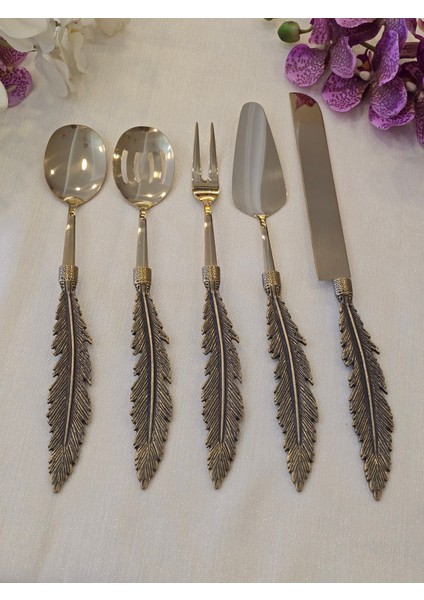 Kuş Tüyü 5 Parça Servis Kaşık Seti Antik Titanyum