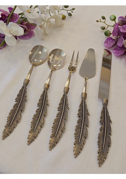 Kuş Tüyü 5 Parça Servis Kaşık Seti Antik Titanyum fiyatları
