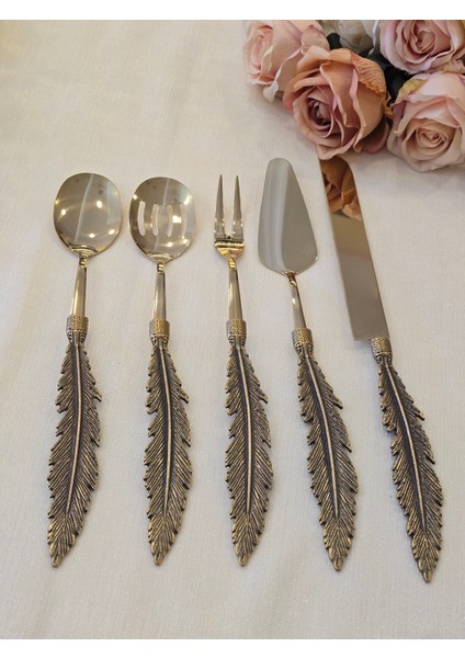 Kuş Tüyü 5 Parça Servis Kaşık Seti Antik Titanyum modelleri