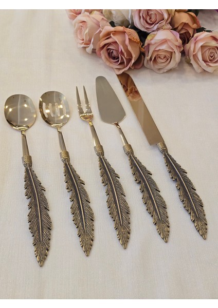 Kuş Tüyü 5 Parça Servis Kaşık Seti Antik Titanyum fırsatları