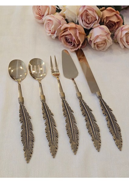 Kuş Tüyü 5 Parça Servis Kaşık Seti Antik Titanyum indirimleri