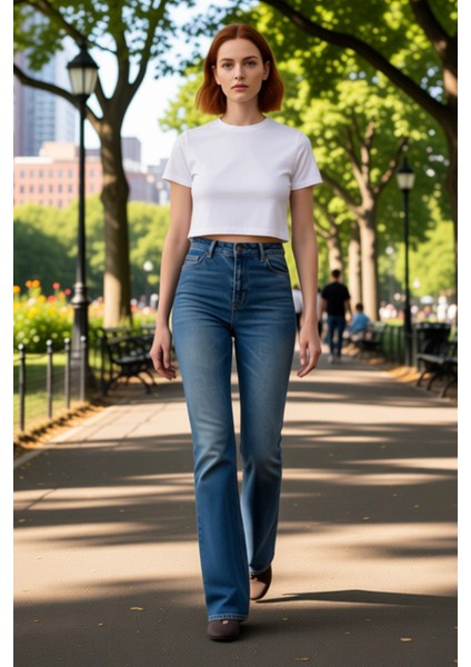 Kadın Yüksek Bel Ispanyol Paça Denim Pantolon Fonksiyonel Dayanıklı Kaliteli Konforlu Spor fırsatları