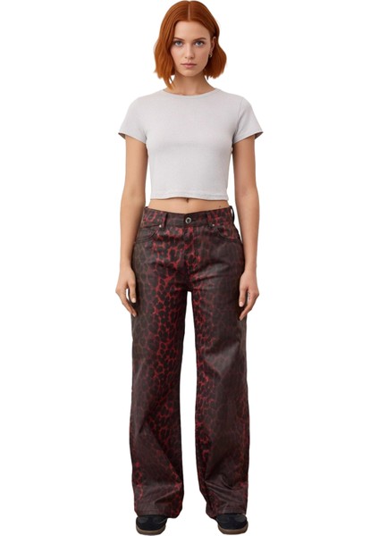 Kadin Kirmizi Leopar Desenli Yüksek Bel Bol Paça Denim Fonksiyonel Dayanıklı Kaliteli Spor