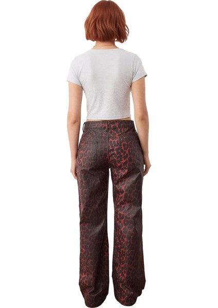 Kadin Kirmizi Leopar Desenli Yüksek Bel Bol Paça Denim Fonksiyonel Dayanıklı Kaliteli Spor fiyatları