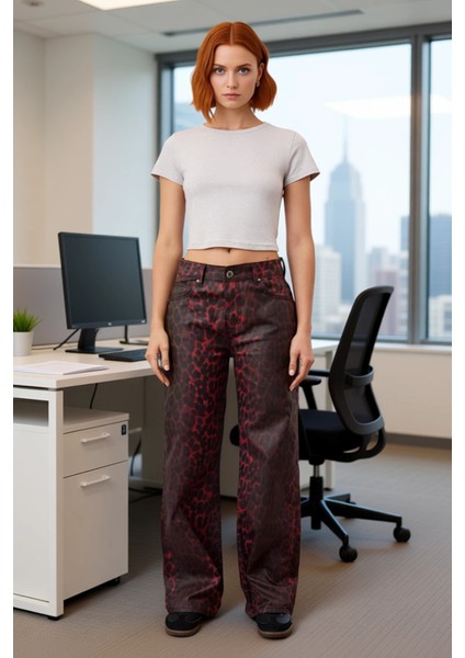 Kadin Kirmizi Leopar Desenli Yüksek Bel Bol Paça Denim Fonksiyonel Dayanıklı Kaliteli Spor modelleri