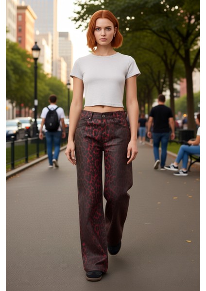 Kadin Kirmizi Leopar Desenli Yüksek Bel Bol Paça Denim Fonksiyonel Dayanıklı Kaliteli Spor fırsatları