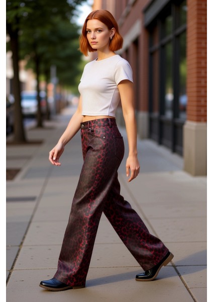 Kadin Kirmizi Leopar Desenli Yüksek Bel Bol Paça Denim Fonksiyonel Dayanıklı Kaliteli Spor indirimleri