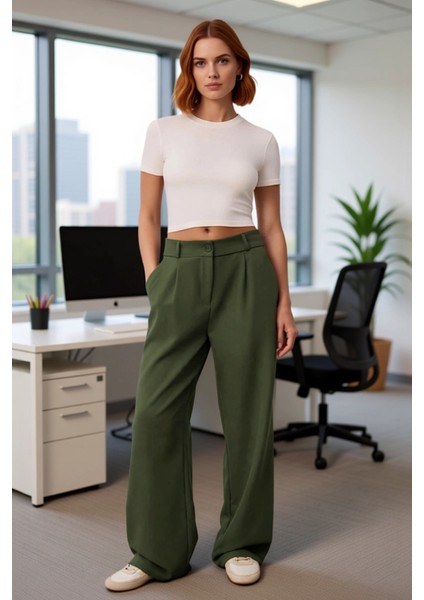 Kadın Haki Yüksek Bel Geniş Paça Dokuma Pantolon Fonksiyonel Dayanıklı Kaliteli Konforlu Şık