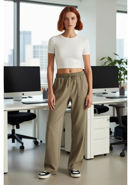 Kadın Düz Kesim Yüksek Bel Gabardin Jogger Pantolon Fonksiyonel Dayanıklı Kaliteli Estetik