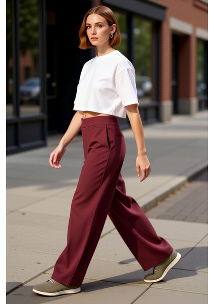 Kadın Yüksek Bel Esnek Geniş Paça Pantolon Fonksiyonel Dayanıklı Kaliteli Konforlu Estetik modelleri