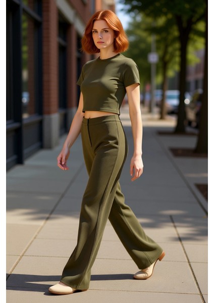 Kadın Haki Örme Geniş Paça Pantolon Yüksek Bel Fonksiyonel Dayanıklı Kaliteli Konforlu Şık modelleri