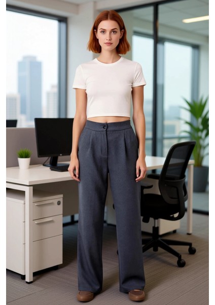 Kadın Yüksek Bel Düz Kesim Poliviskon Kumaş Pantolon Fonksiyonel Dayanıklı Kaliteli Modern