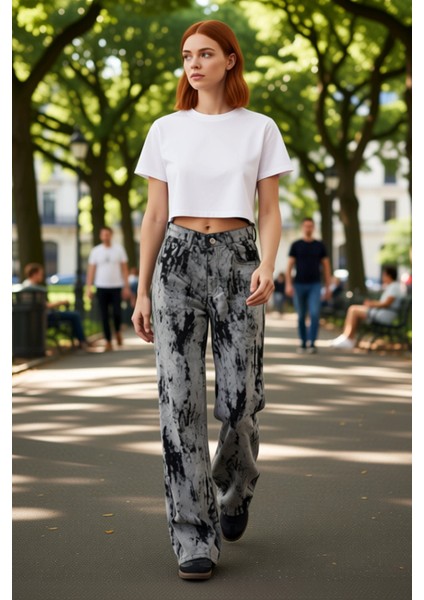 Kadın Desenli Yüksek Bel Wide Leg Denim Pantolon Fonksiyonel Dayanıklı Kaliteli Konforlu Şık fırsatları