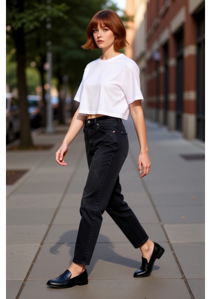 Kadın Açık Yüksek Bel Dar Paça Mom Jean Pantolon Fonksiyonel Dayanıklı Kaliteli Konforlu Şık