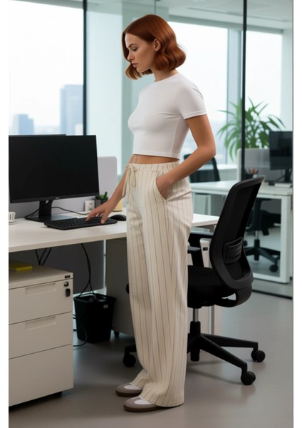 Kadın Düz Çizgili Yüksek Bel Bol Paça Pantolon Fonksiyonel Dayanıklı Kaliteli Konforlu Şık