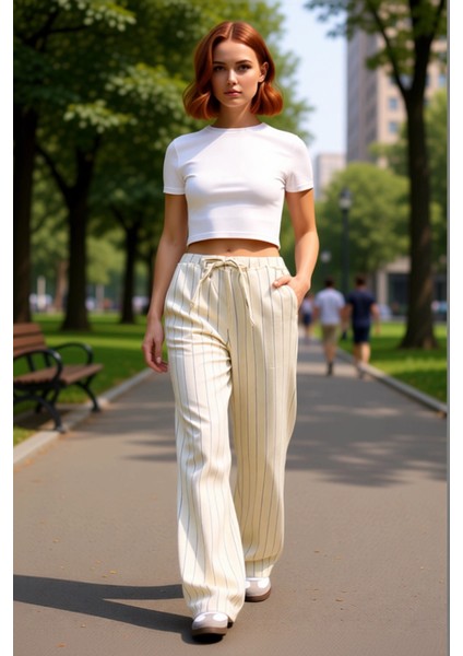 Kadın Düz Çizgili Yüksek Bel Bol Paça Pantolon Fonksiyonel Dayanıklı Kaliteli Konforlu Şık fiyatları