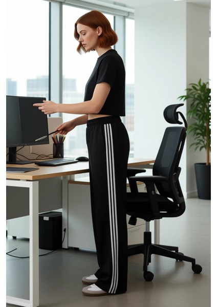 Kadın Düz Yanı Şeritli Wide Leg Pantolon Fonksiyonel Dayanıklı Kaliteli Konforlu Estetik Şık