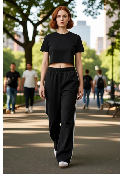 Kadın Düz Yanı Şeritli Wide Leg Pantolon Fonksiyonel Dayanıklı Kaliteli Konforlu Estetik Şık fiyatları