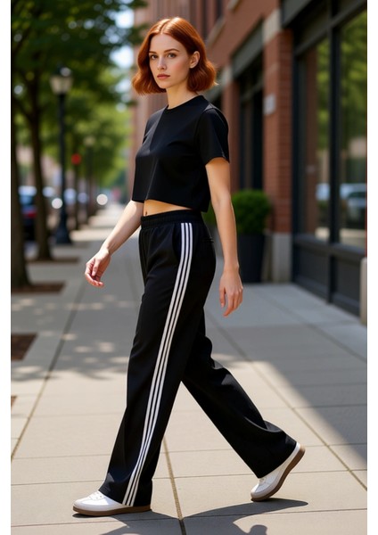 Kadın Düz Yanı Şeritli Wide Leg Pantolon Fonksiyonel Dayanıklı Kaliteli Konforlu Estetik Şık modelleri