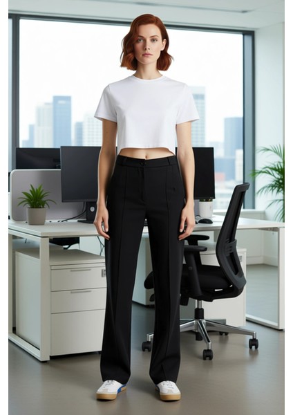 Kadın Düz Kesim Yüksek Bel Dokuma Pantolon Nervür Detaylı Fonksiyonel Dayanıklı Kaliteli Şık