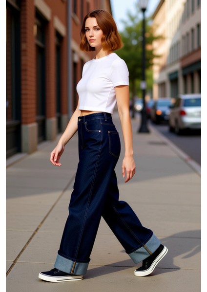 Kadın Koyu Wide Leg Jean Pantolon Paça Katlamalı Normal Bel Fonksiyonel Dayanıklı Kaliteli