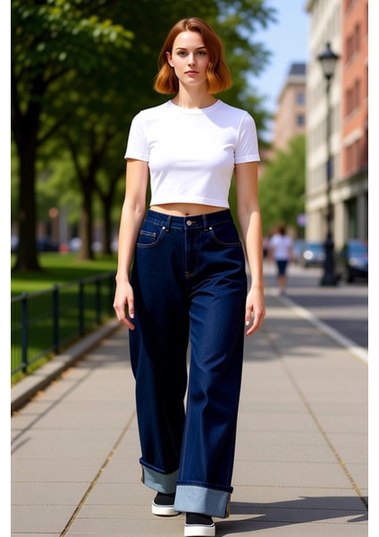 Kadın Koyu Wide Leg Jean Pantolon Paça Katlamalı Normal Bel Fonksiyonel Dayanıklı Kaliteli modelleri