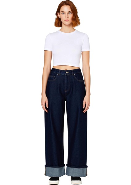 Kadın Koyu Wide Leg Jean Pantolon Paça Katlamalı Normal Bel Fonksiyonel Dayanıklı Kaliteli fırsatları