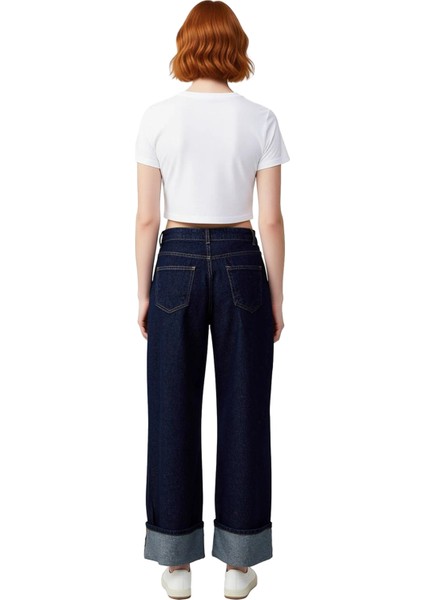 Kadın Koyu Wide Leg Jean Pantolon Paça Katlamalı Normal Bel Fonksiyonel Dayanıklı Kaliteli indirimleri