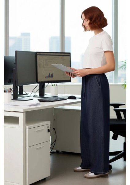 Kadın Koyu Bol Paça Yüksek Bel Bağlama Detaylı Kot Pantolon Fonksiyonel Dayanıklı Kaliteli