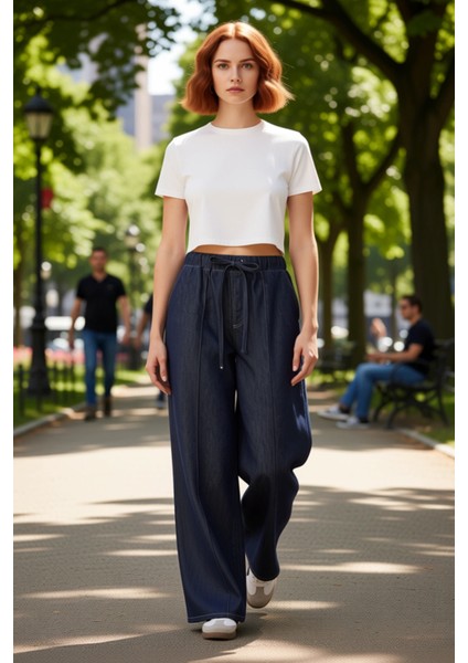 Kadın Koyu Bol Paça Yüksek Bel Bağlama Detaylı Kot Pantolon Fonksiyonel Dayanıklı Kaliteli fiyatları