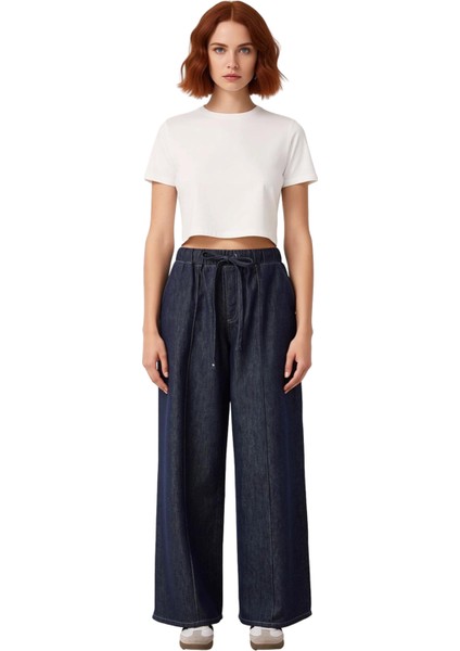 Kadın Koyu Bol Paça Yüksek Bel Bağlama Detaylı Kot Pantolon Fonksiyonel Dayanıklı Kaliteli fırsatları