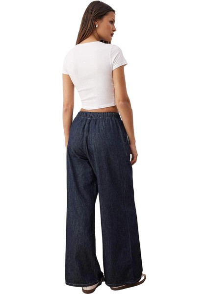 Kadın Koyu Bol Paça Yüksek Bel Bağlama Detaylı Kot Pantolon Fonksiyonel Dayanıklı Kaliteli indirimleri
