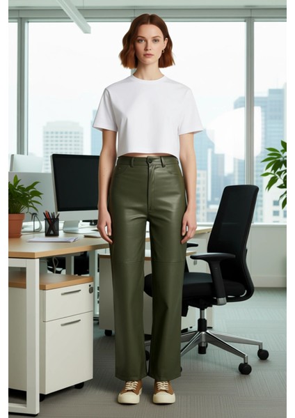 Kadın Haki Suni Deri Yüksek Bel Düz Kesim Pantolon Fonksiyonel Dayanıklı Kaliteli Konforlu fiyatları