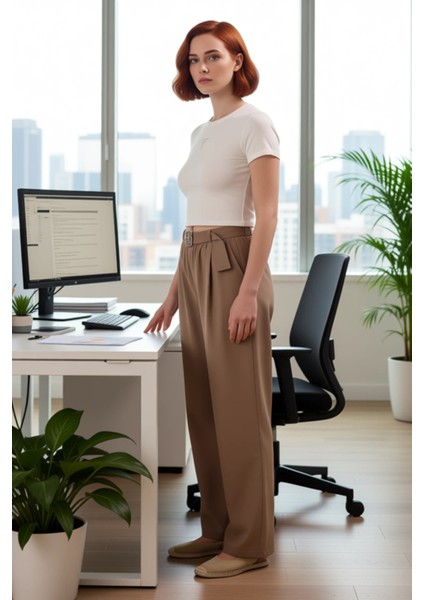 Kadın Düz Dokuma Wide Leg Pantolon Fonksiyonel Dayanıklı Kaliteli Konforlu Estetik Premium