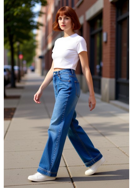 Kadın Geniş Paça Denim Pantolon Fonksiyonel Dayanıklı Kaliteli Konforlu Estetik Premium Şık