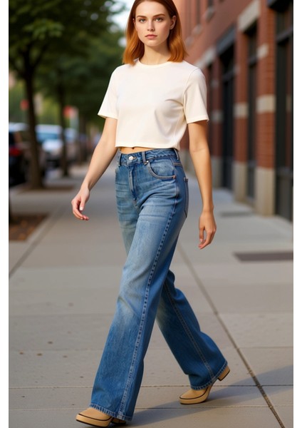 Kadın Koyu Yüksek Bel Geniş Paça Denim Pantolon Fonksiyonel Dayanıklı Kaliteli Konforlu Şık