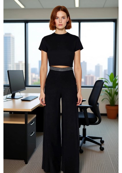 Kadın Wide Leg Pantolon Taş Detaylı Yüksek Bel Fonksiyonel Dayanıklı Kaliteli Konforlu Şık