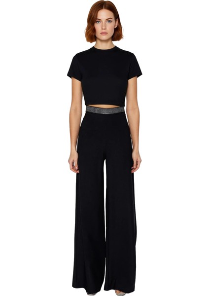 Kadın Wide Leg Pantolon Taş Detaylı Yüksek Bel Fonksiyonel Dayanıklı Kaliteli Konforlu Şık fırsatları