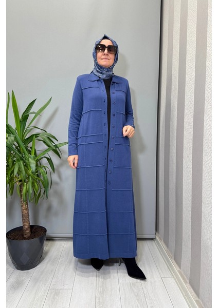 Gömlek Yaka Uzun Triko Hırka Indigo T25PF-9002