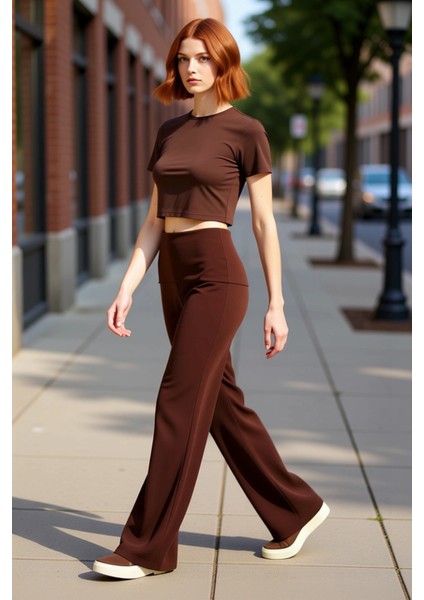 Kadın Melanj Beli Katlamalı Geniş Paça Pantolon Fonksiyonel Dayanıklı Kaliteli Konforlu Şık