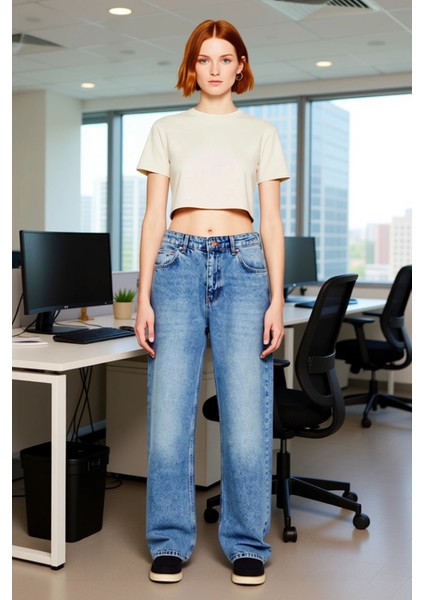 Kadın Açık Yüksek Bel Straight Boru Paça Denim Pantolon Fonksiyonel Dayanıklı Kaliteli Şık