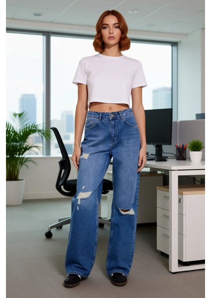 Kadın Yırtıklı Yüksek Bel Bol Paça Jean Fonksiyonel Dayanıklı Kaliteli Konforlu Estetik Şık