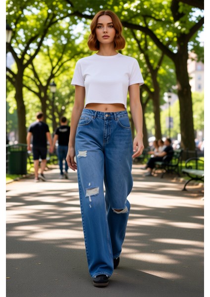 Kadın Yırtıklı Yüksek Bel Bol Paça Jean Fonksiyonel Dayanıklı Kaliteli Konforlu Estetik Şık fiyatları
