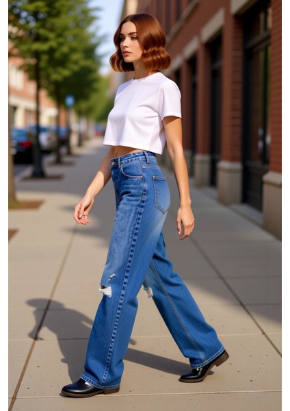 Kadın Yırtıklı Yüksek Bel Bol Paça Jean Fonksiyonel Dayanıklı Kaliteli Konforlu Estetik Şık modelleri