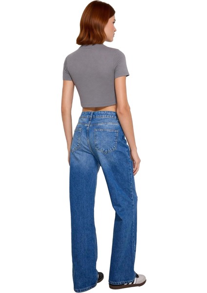 Kadın Yırtıklı Yüksek Bel Bol Paça Jean Fonksiyonel Dayanıklı Kaliteli Konforlu Estetik Şık indirimleri