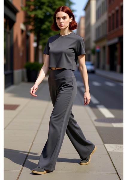 Kadın Wide Leg Yüksek Bel Pamuklu Pantolon Antrasit Fonksiyonel Dayanıklı Kaliteli Estetik modelleri