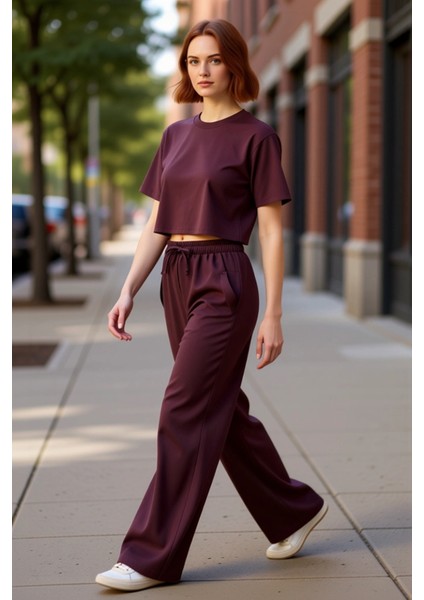 Kadın Mürdüm Geniş Paça Pantolon Günlük Kullanım Için Fonksiyonel Dayanıklı Kaliteli Rahat