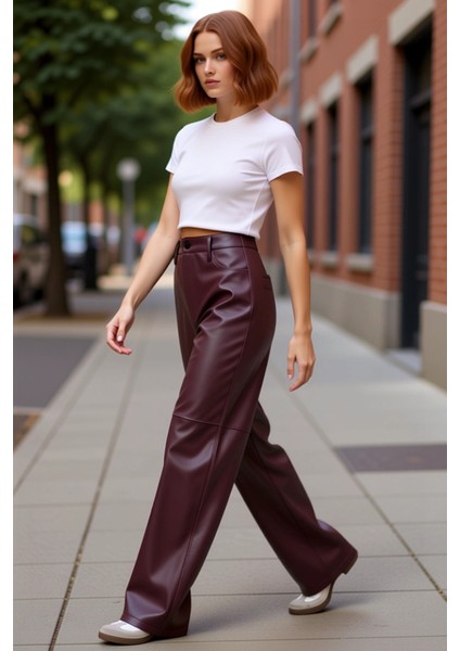 Kadın Suni Deri Geniş Paça Pantolon Fonksiyonel Dayanıklı Kaliteli Konforlu Estetik Modern